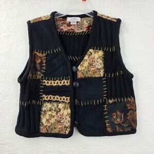 SANDY STARKMAN womens L cotton jacquard patches button vintage vest